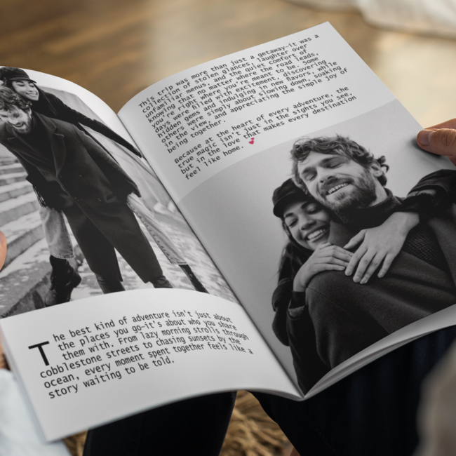 Hands holding an open custom photo book featuring black-and-white images of a couple and a heartfelt story, capturing the essence of personalized storytelling.