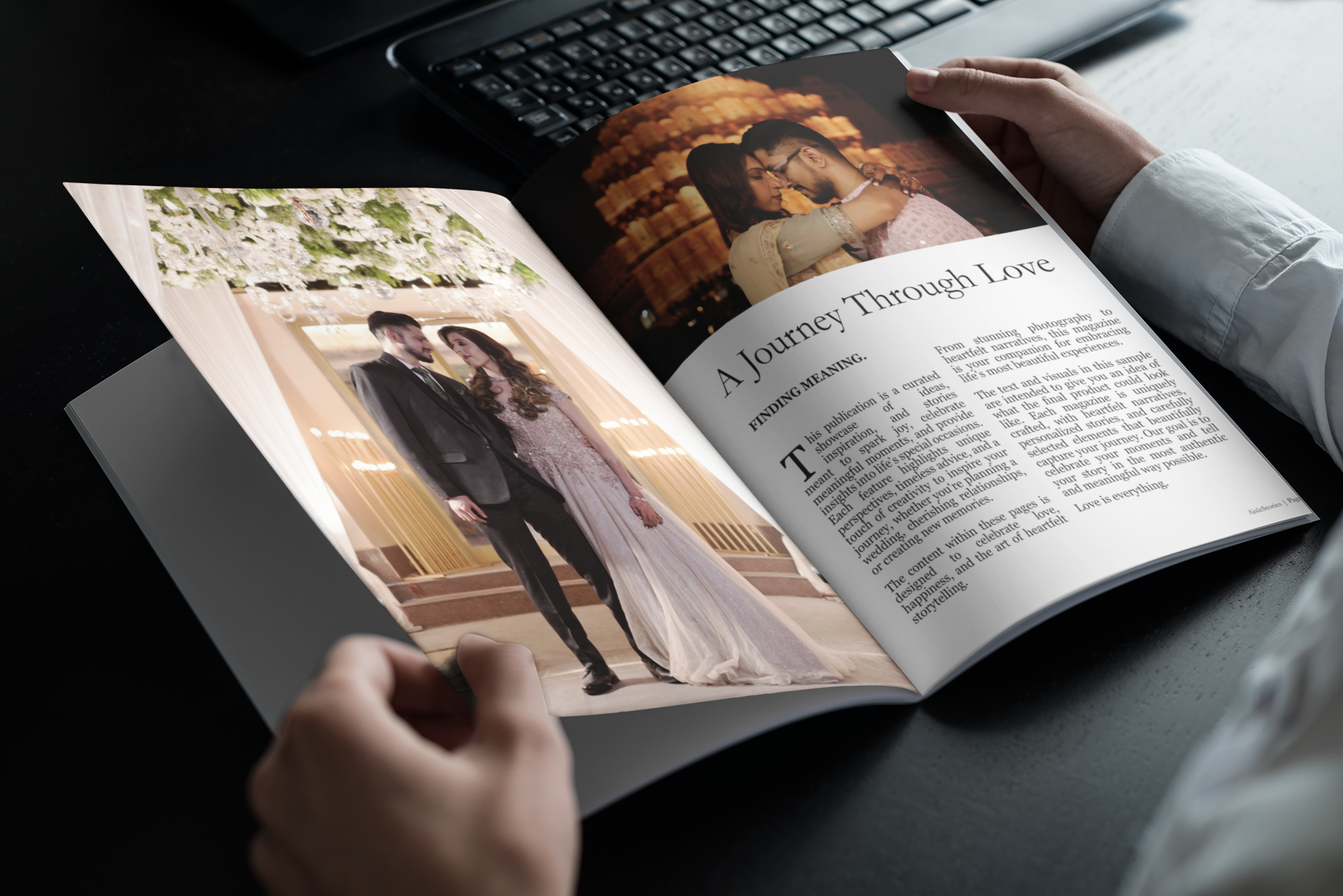 Hands holding a custom wedding magazine titled ‘A Journey Through Love,’ featuring a couple’s wedding photos and a heartfelt narrative.